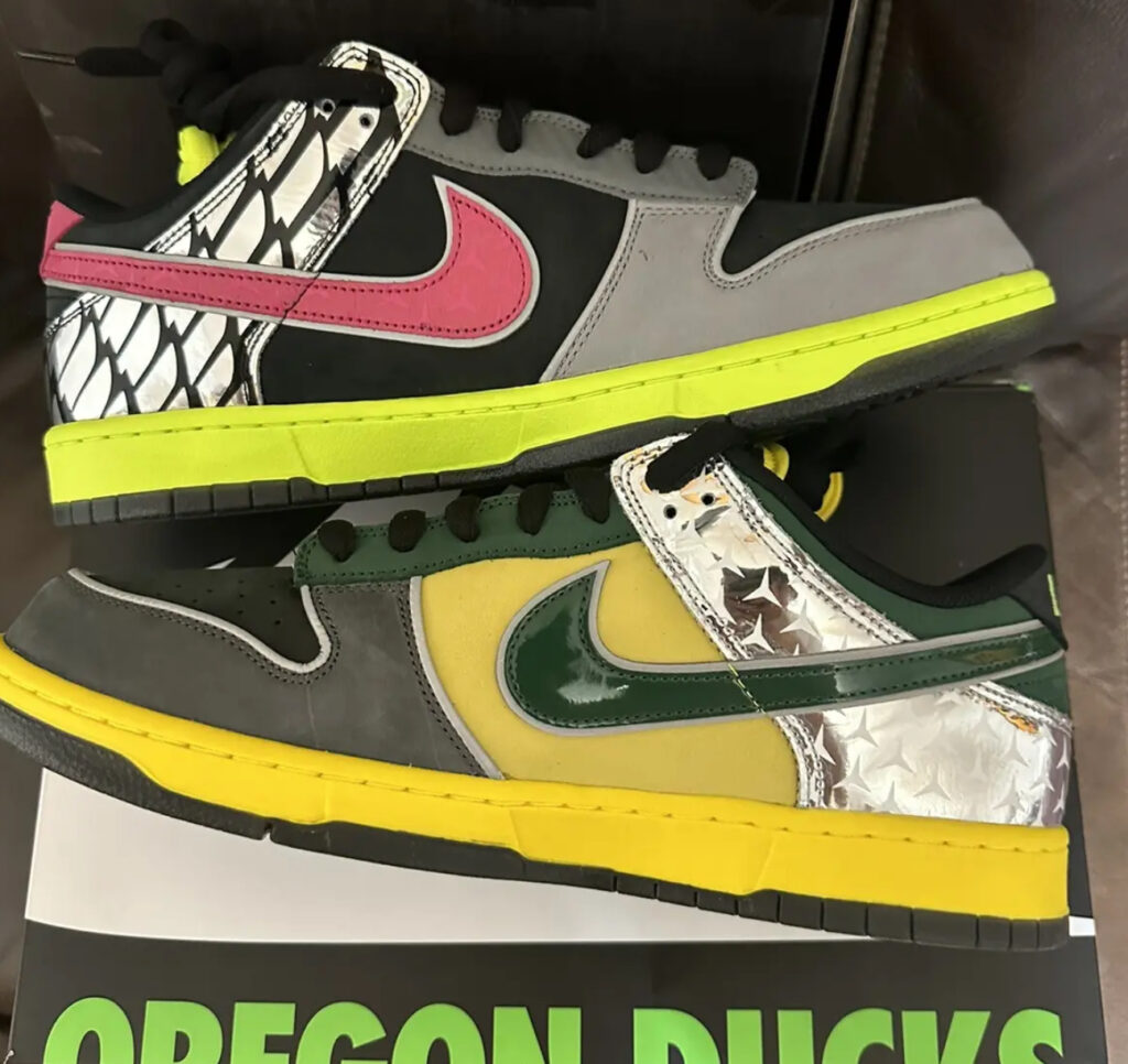 Close-up of the Generation ‘O’ Pack Home Nike Dunk showcasing its patchwork design inspired by Oregon Ducks’ history