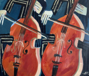 “The Cello Players” by Anna Hymas, a vibrant oil painting featuring two cellists immersed in dynamic musical performance