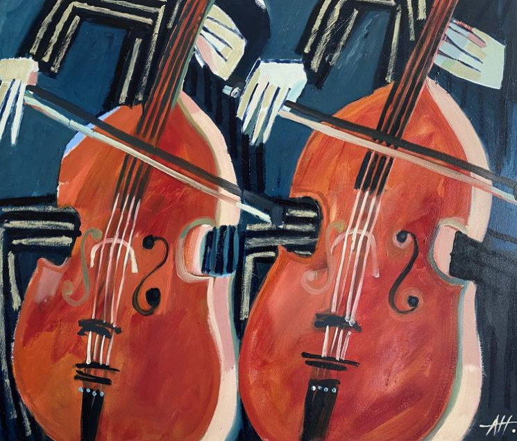 “The Cello Players” by Anna Hymas, a vibrant oil painting featuring two cellists immersed in dynamic musical performance
