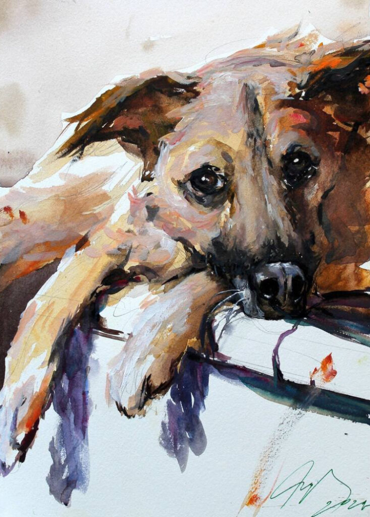 A tranquil watercolor painting titled Kamila Portrait by Maximilian Damico, depicting a serene dog with soft, earthy tones