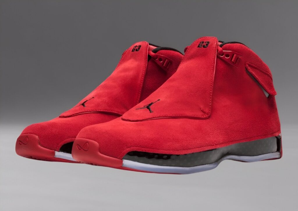 Air Jordan 18 “Toro” sneaker featuring vibrant red suede, black accents, and a sleek design inspired by luxury aesthetics