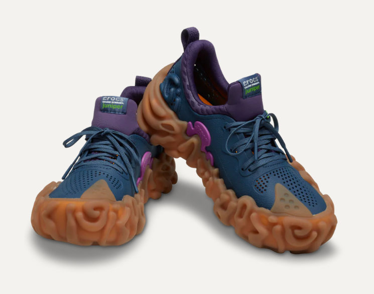 Crocs Pollex Juniper sneaker in Guava by Salehe Bembury featuring unique grooves, vibrant color, and adjustable strap