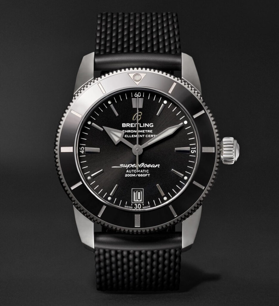 Breitling All-Black Superocean Heritage watch featuring a matte black ceramic bezel, luminescent markers, and a sleek design