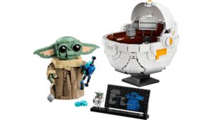 LEGO Grogu with Hover Pram set featuring a detailed floating cradle design, Grogu minifigure, and Star Wars accessories