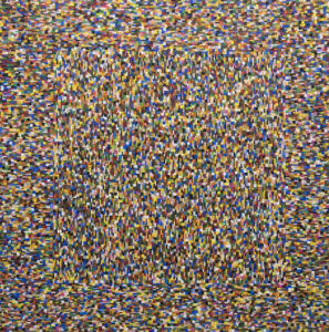 Nik Kok’s Pointillist Square, a mosaic artwork made with 23,000 Ministeck pieces, showcasing geometric precision and vibrant colors