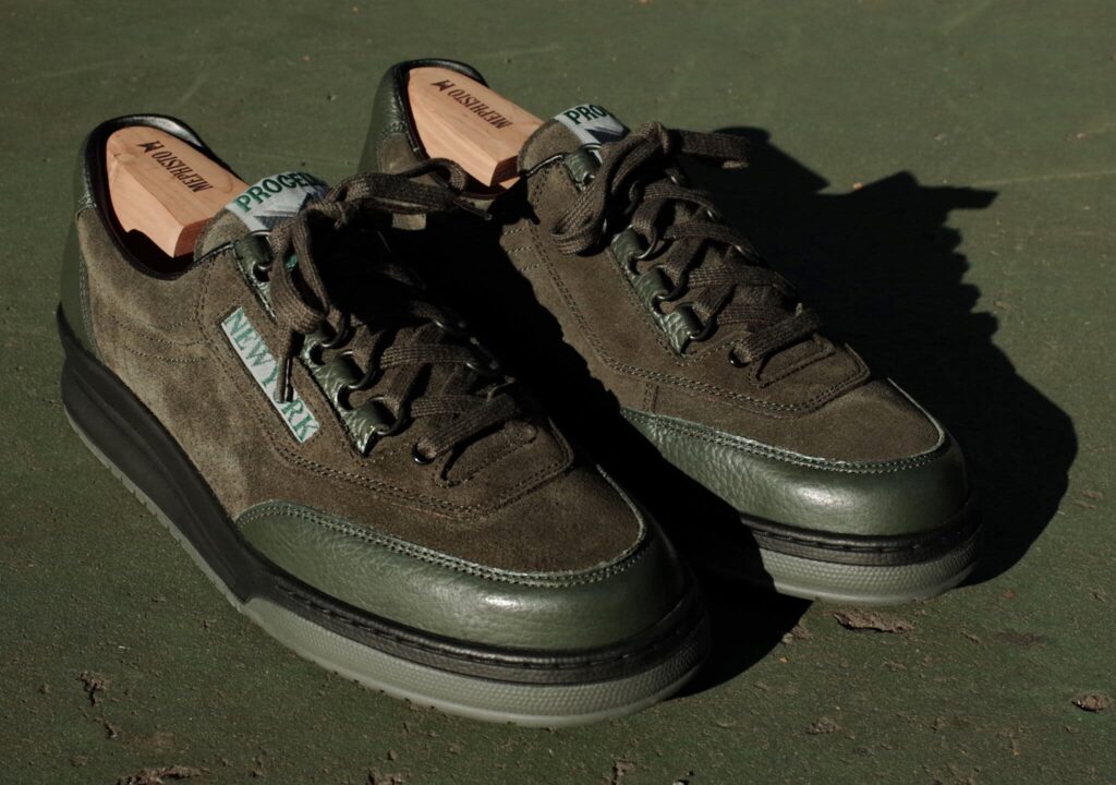 Stylish Mephisto shoes from the new collaboration, featuring neon accents and modern design on a classic silhouette