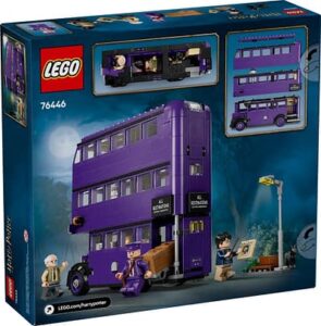 LEGO Knight Bus set featuring a purple triple-decker bus, detailed interior, and Harry Potter-themed minifigures
