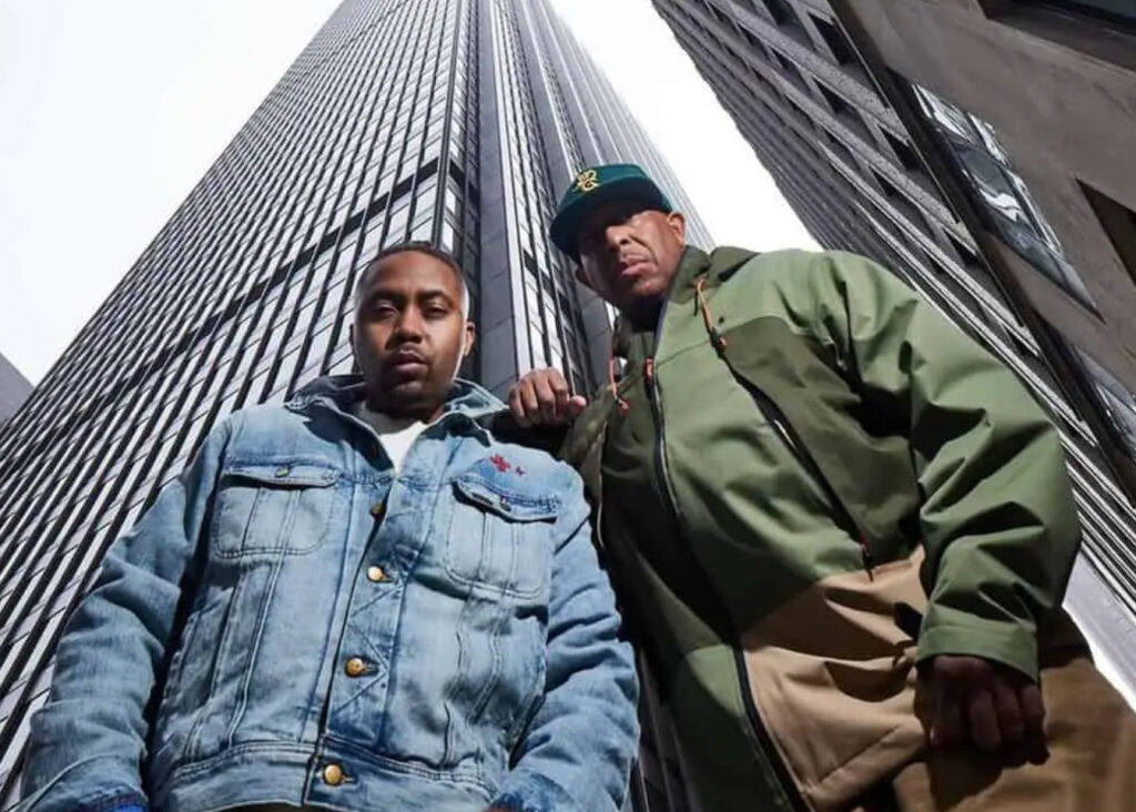 Nas and DJ Premier posed for their 2024 album nyc skyscraper background