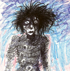 Tim Burton’s sketch of Edward Scissorhands, featuring his wild hair, scissor hands, and melancholic expression in gothic style