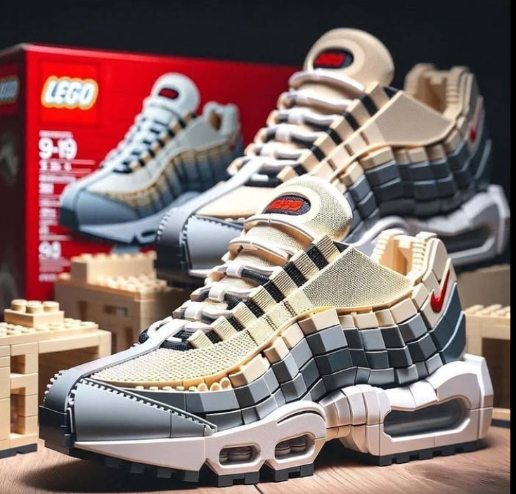 A conceptual Nike x LEGO sneaker featuring modular LEGO-compatible surfaces, bold colors, and playful, creative design elements