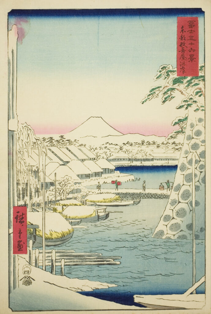 Utagawa Hiroshige’s Sukiya Riverbank in the Eastern Capital, a serene winter woodblock print featuring snow and Mount Fuji