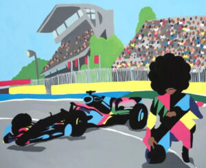 Sheena Rose’s Grand Chelem artwork featuring Lewis Hamilton, painted in bold abstract style with vibrant colors and dynamic forms