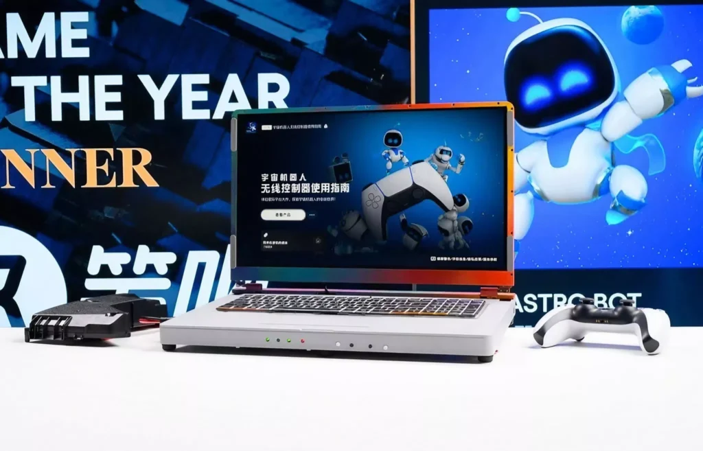 PlayStation 5 laptop showcasing its 17.3-inch 4K display, full-sized keyboard, and sleek custom design