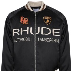The Rhude Awakening Carta Jacket ‘Black’ with bold graphic patches, premium leather sleeves, and sleek black wool blend