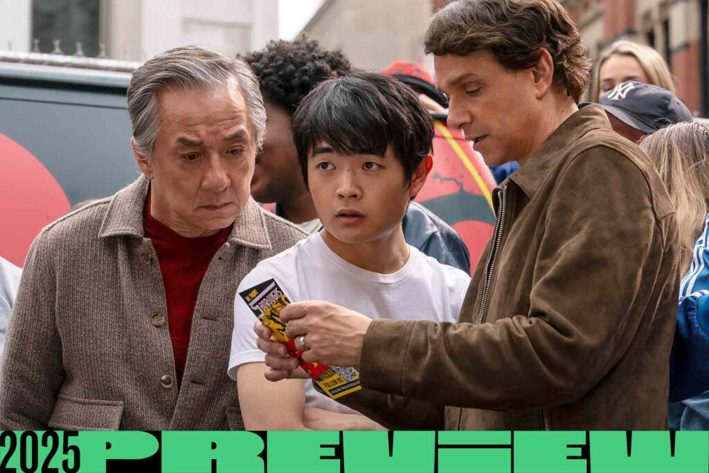 Jackie Chan’s Mr. Han and Ralph Macchio’s Daniel LaRusso stand together, blending mentorship and martial arts legacies