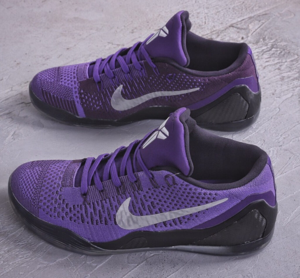 Nike Kobe 9 Elite Low ‘Moonwalker’ sneaker featuring Lakers purple Flyknit upper, metallic accents, and lunar outsole graphic