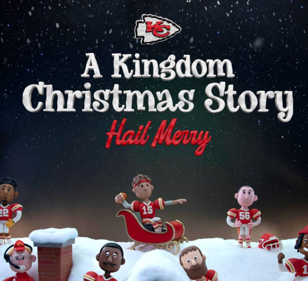 Claymation film Kingdom Christmas featuring Kansas City Chiefs players, mascot KC Wolf, and festive holiday scenes