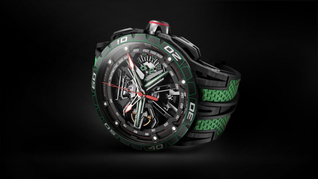 Close-up of the Roger Dubuis x Lamborghini Excalibur Spider Flyback Chronograph, showcasing its intricate skeletonized dial