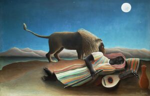 Henri Rousseau’s The Sleeping Gypsy (1897), featuring a sleeping figure, a lion, and a surreal desert setting under a starry sky