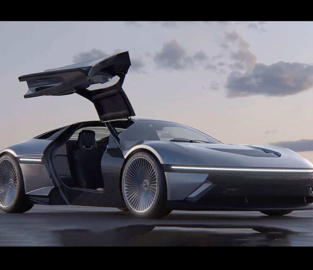 The DeLorean Model-JZD, a sleek electric sports car with gull-wing doors, inspired by the original Back to the Future classic