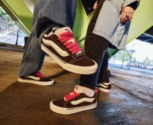 Vans Knu Skool Rose Marble sneakers with pink and white marble pattern, chunky design, and classic Vans branding