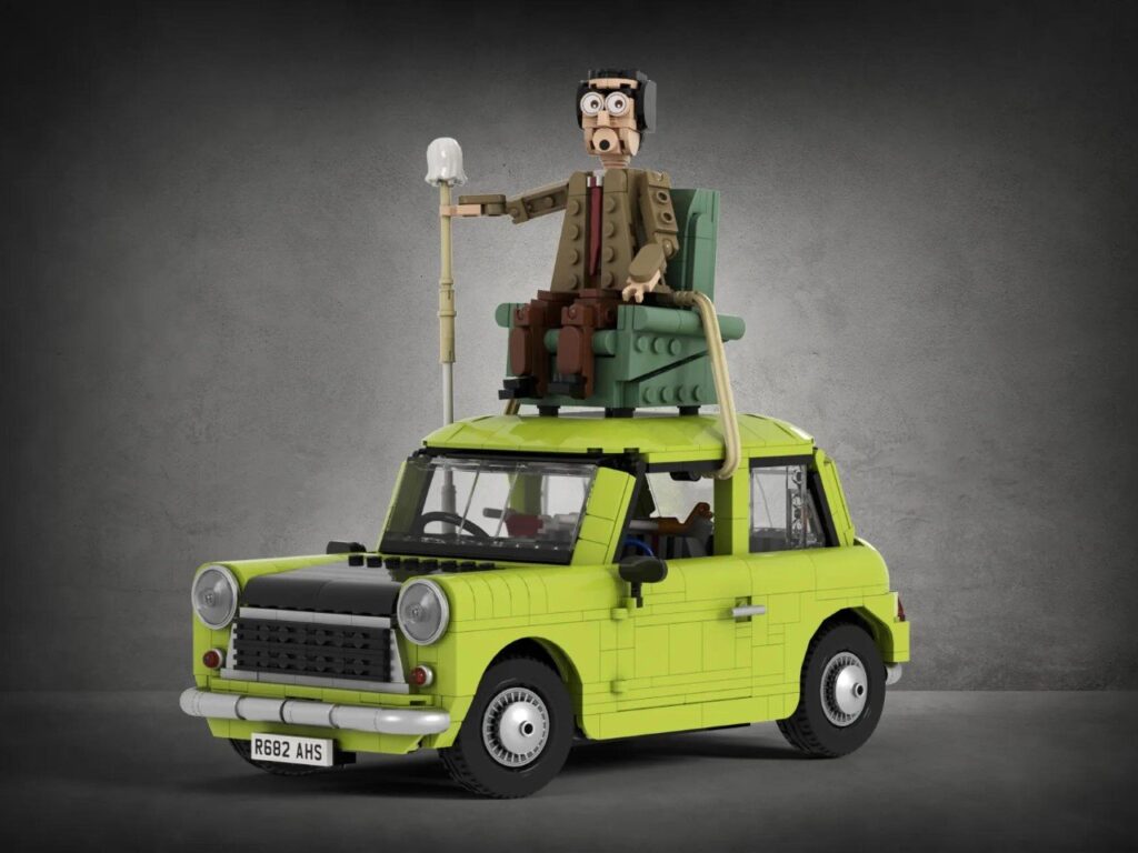 LEGO recreation of Mr. Bean driving his Mini Cooper with an armchair strapped to the roof, capturing every hilarious detail