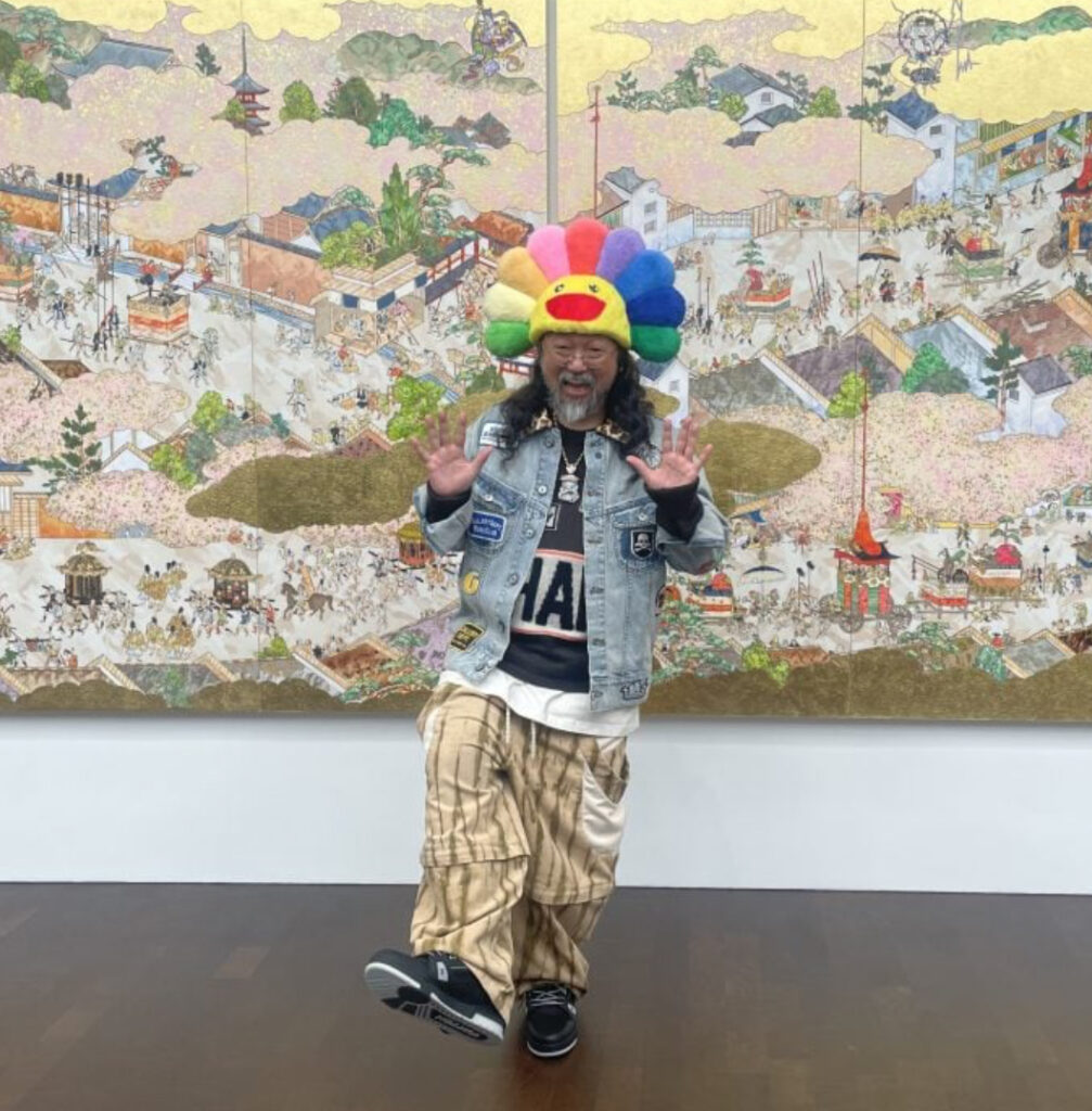 Takashi Murakami artwork featuring vibrant manga-inspired characters and Superflat designs blending tradition and modernity