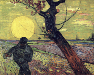 Vincent Van Gogh’s The Sower (1888), featuring a solitary figure sowing seeds under a radiant golden sun in a rural field