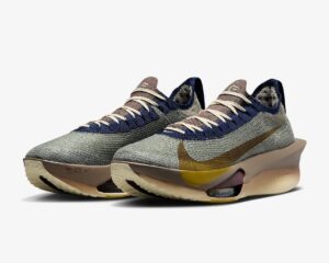 close-up of the Nike Alphafly in military-inspired hues, showcasing Light Army, Desert Moss, and Light Khaki tones