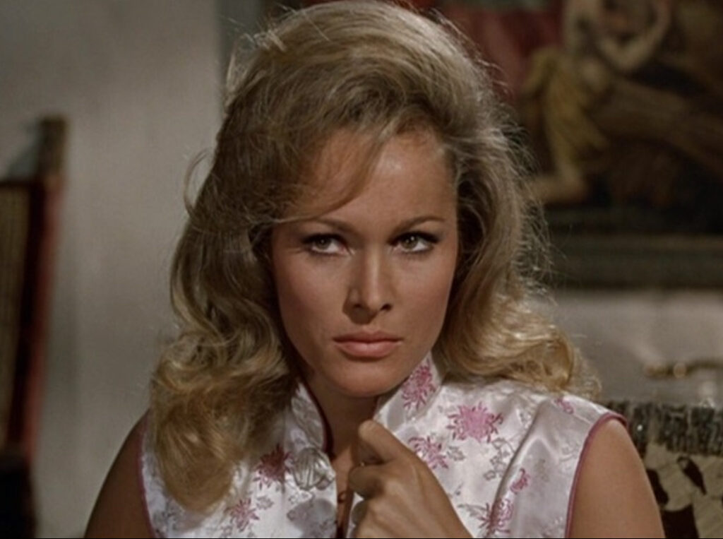 Ursula Andress in a cameo appearance on Doctor Who, portraying a mysterious character tied to the Doctor’s past