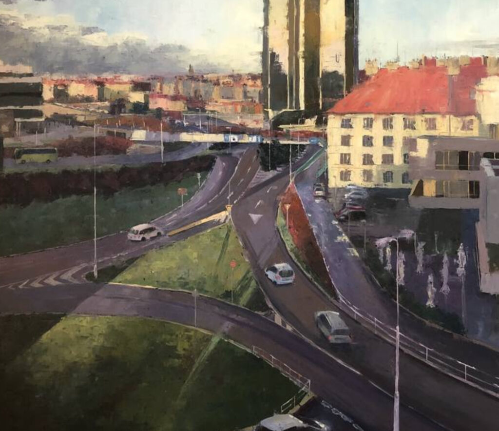 A painting by Martina Krupičková titled Corinthia, featuring textured strokes and vibrant hues inspired by Prague’s cityscape