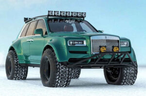 Digital rendering of the Rolls-Royce Cullinan Series II concept, featuring a post-apocalyptic design with armor plating and off-road tires