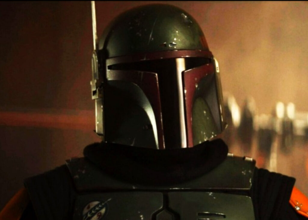 Boba Fett in Mandalorian armor standing under Tatooine’s twin suns, symbolizing his redemption arc in Star Wars