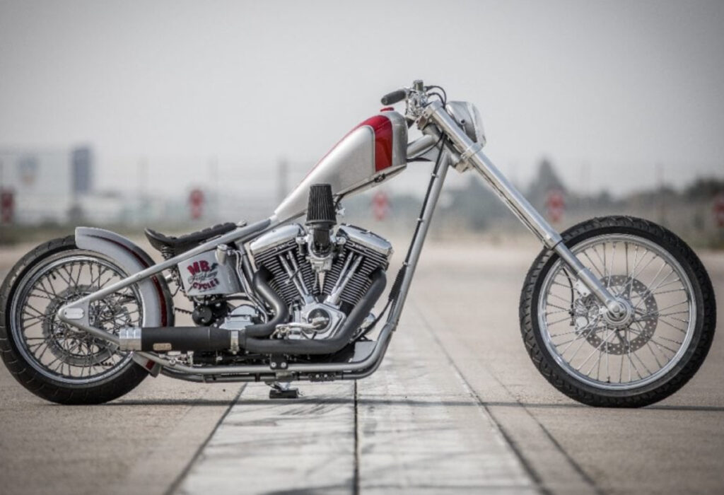 MB Cycles Stauffenberg Chopper, showcasing its custom CFL frame, bold paintwork, and intricate design details