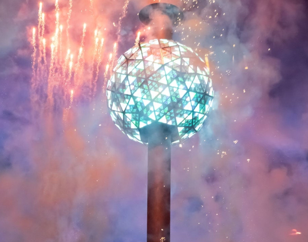 The Times Square Ball illuminated during its final test, showcasing vibrant colors and crystal designs ahead of New Year’s Eve