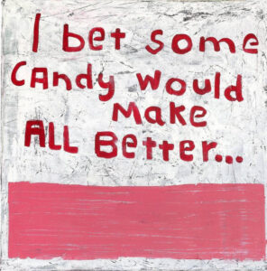 A colorful mixed-media artwork by Tommy Lennartsson, featuring candy-inspired elements and nostalgic themes