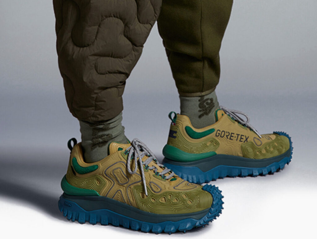 Moncler x Salehe Bembury Trailgrip Amoeba Sneaker featuring organic patterns, rugged Vibram outsole, and premium materials