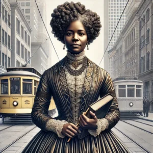 Illustration of Elizabeth Jennings Graham, a 19th-century civil rights activist and educator, standing with a book in hand