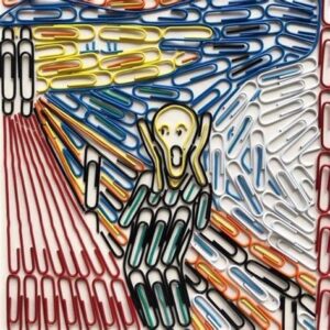 A detailed paper clip arrangement recreating The Scream, showcasing Adam Hillman’s innovative approach to everyday object art