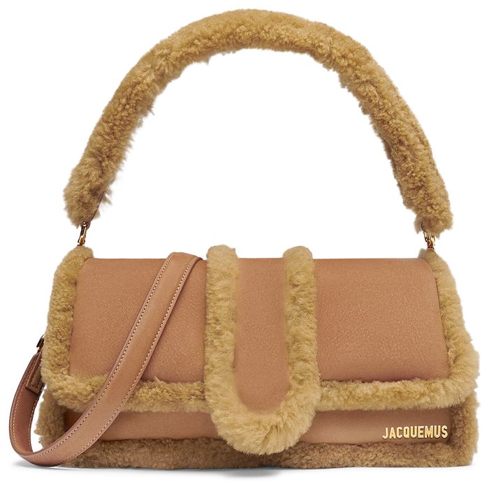 Jacquemus Le Bambimou Doux Top Handle Bag in Camel, crafted from premium leather with minimalist design and gold-tone hardware