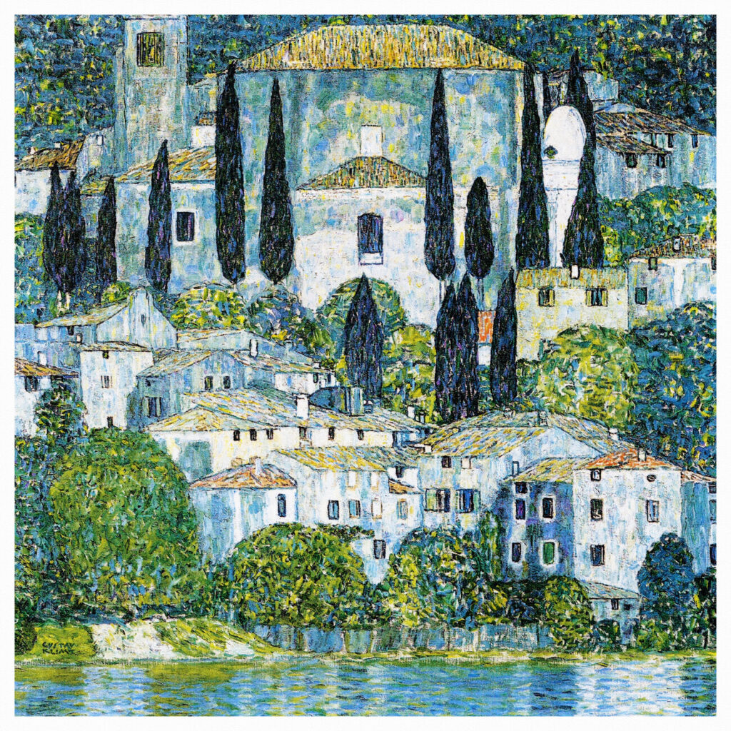Gustav Klimt’s ‘The Church of Cassone,’ depicting a peaceful church on the shores of Lake Garda, capturing nature and architecture