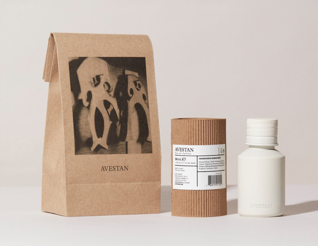 AVESTAN fragrance bottle with minimalist design, displayed in a chic Nolita perfume store, symbolizing exclusivity