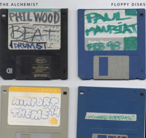 A vintage floppy disk placed beside a beat machine, symbolizing The Alchemist’s tribute to the golden era of hip-hop production