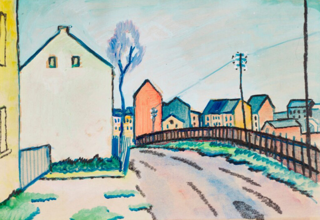 A vibrant painting by August Macke titled Vordstrabstrabe, featuring a colorful suburban street with strolling figures and trees