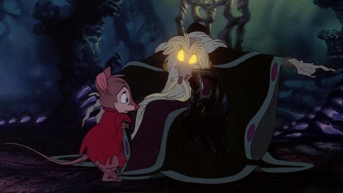 Mrs. Brisby stands courageously in a glowing, mystical scene from The Secret of NIMH, surrounded by magical light and rat