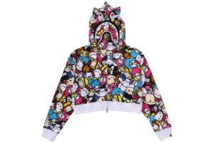 A cropped BAPE x Sanrio Baby Milo Shark Hoodie featuring Hello Kitty, My Melody, and bold Shark motif in vibrant colors
