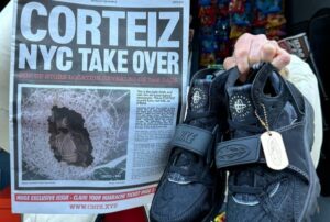 Corteiz x Nike Air Trainer Huarache featuring bold red, green, and white accents inspired by New York City’s vibrant culture