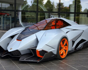 Lamborghini Egoista concept car with fighter jet-inspired design, featuring sharp angles, glowing panels, and a single-seat cockpit