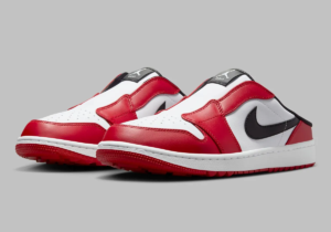 Air Jordan 1 “Chicago” Slip-On Golf Mule showcasing the iconic red, white, and black colorway with a golf-ready sole