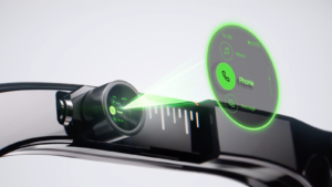 Alt Text: Smart glasses with a tiny screen embedded in the frame, controlled by a sleek trackpad ring for seamless hands-free navigation